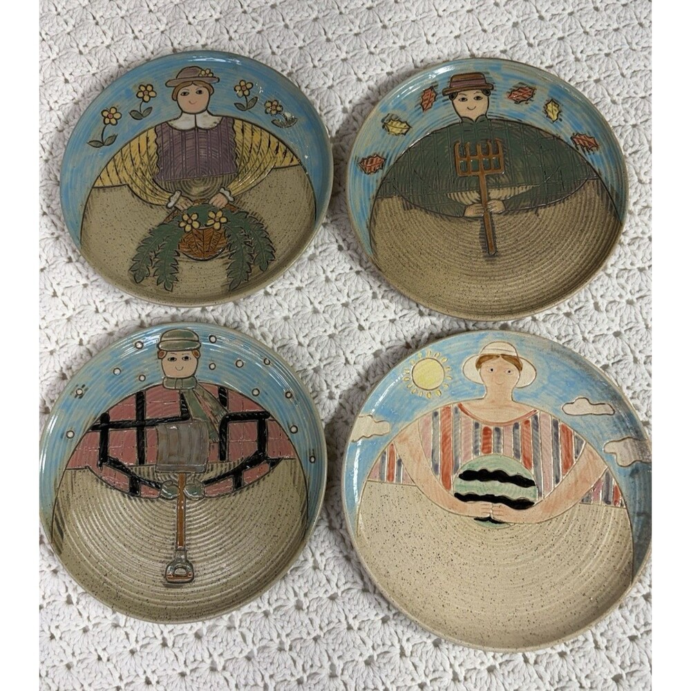 Folk Craft Studio Art Hand Painted Set of 4 Plates 8” Stoneware by Shafford